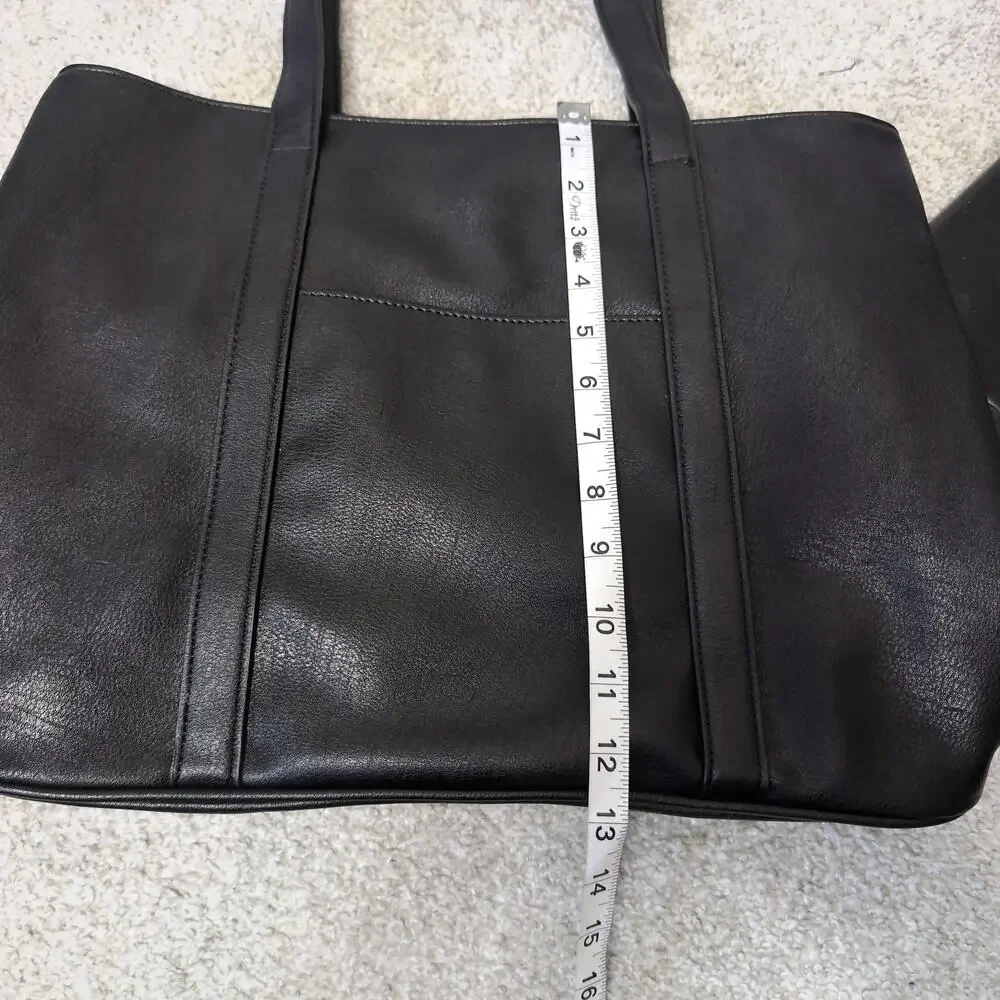 Black Faux Leather Tote Bag Multi Compartment